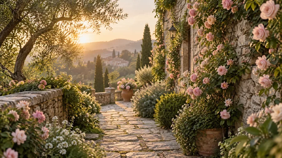 A garden stone path lined with pink climbing roses at golden hour